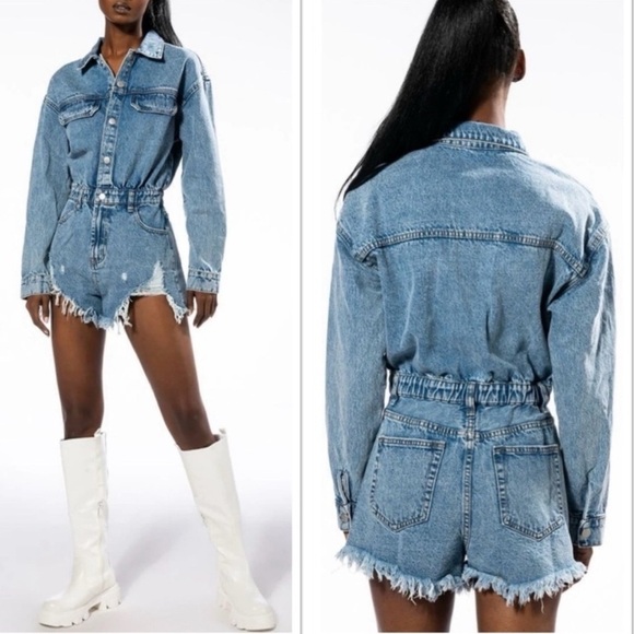 idem ditto Pants - .idem ditto Denim Distressed Women’s Long Sleeve Romper in Vintage Blue Sz M NWT